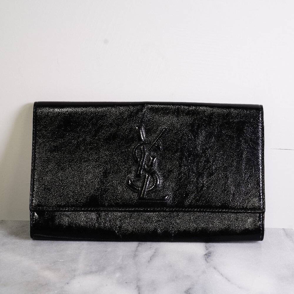 Saint Laurent Textured Patent Monogram Large Belle De Jour Clutch Black
